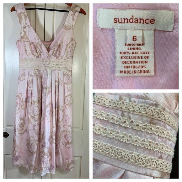 Sundance‎ Pink Silk Floral Midi Dress Size 6 Lace Empire Waist Romantic Party - Picture 13 of 13